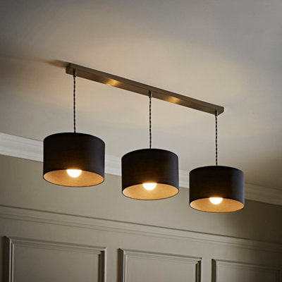 ValueLights Reni Charcoal Drum Shade 3 Drop Bar Brushed Chrome Ceiling Pendant Light