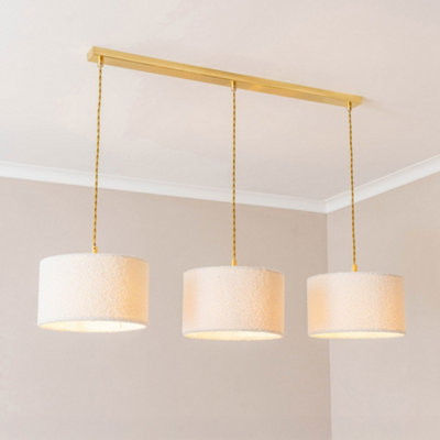 ValueLights Reni Cream Boucle Drum Shade 3 Drop Bar Gold Diner Ceiling Light with LED Bulbs