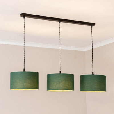 ValueLights Reni Forest Green Drum Shade 3 Drop Bar Matte Black Diner Ceiling Pendant Light