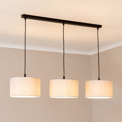 ValueLights Reni Grey Fabric Drum Shade 3 Drop Bar Matte Black Diner Ceiling Pendant Light