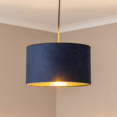 ValueLights Reni Medium Navy Velvet with Metallic Chrome Silver Inner Ceiling Lamp Shade and LED Bulb