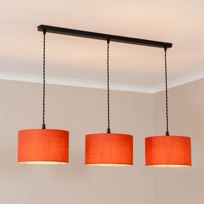 ValueLights Reni Rust Fabric Drum Shade 3 Drop Bar Matte Black Diner Ceiling Pendant Light