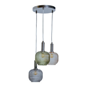ValueLights Retro 3 Way Polished Chrome Ceiling Light Fitting With Hanging Coloured Glass Shades