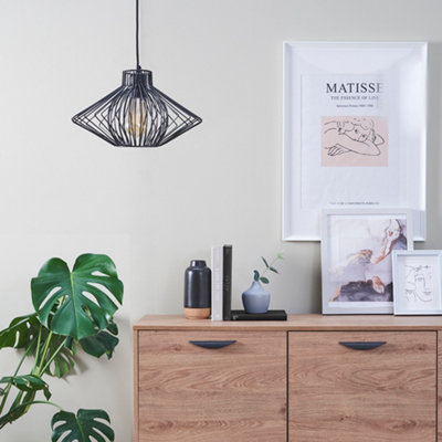 ValueLights Retro Matt Black Ceiling Pendant Light Fitting With Black Geometric Wire Shade