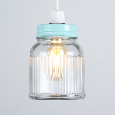 ValueLights Retro Style Duck Egg Blue and Clear Glass Ribbed Pattern Design Jar Ceiling Pendant Light Shade