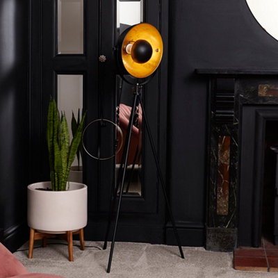 ValueLights Retro Tripod Style Floor Lamp In Black Metal Finish With Gold Interior Shade