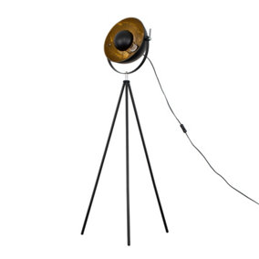 ValueLights Retro Tripod Style Floor Lamp In Black Metal Finish With Gold Interior Shade