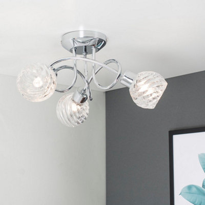 ValueLights Reyka 3 Way Chrome Curved Arm Flush Ceiling Light with Swirled Glass Dome Shades with LED G9 Bulbs Warm White