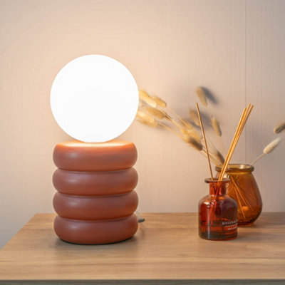 ValueLights Rust Stacked Ceramic Bedside Table Lamp with a Globe Glass Lampshade