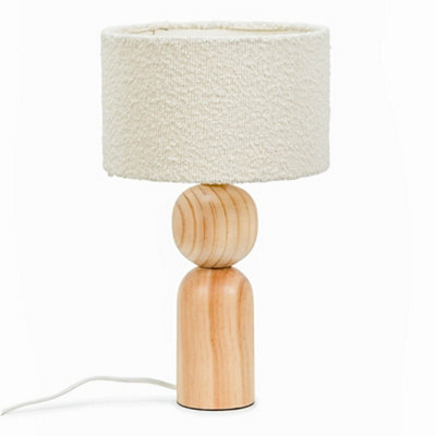 ValueLights Rustic Wooden Bedside Table Lamp with a Boucle Drum Lampshade  - Bulb Included