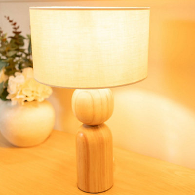 ValueLights Rustic Wooden Bedside Table Lamp with a Natural Drum Lampshade