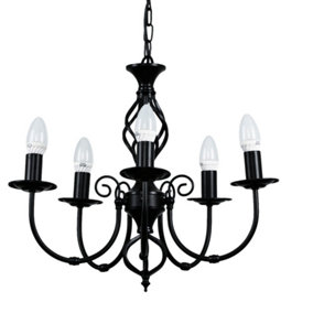 ValueLights Satin Black Barley Twist 5 Way Ceiling Light Chandelier - Complete with 4w LED Bulbs 3000K Warm White