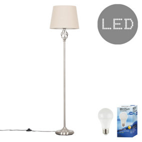 ValueLights Satin Nickel Barley Twist Floor Lamp With Beige Tapered Light Shade - With LED GLS Bulb in Warm White