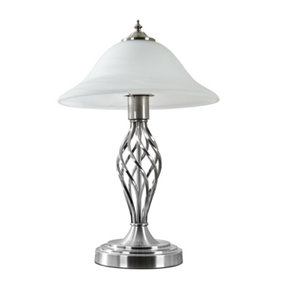 ValueLights Satin Nickel Barley Twist Table Lamp With Frosted Alabaster Shade - Complete With 6w LED Bulb In Warm White