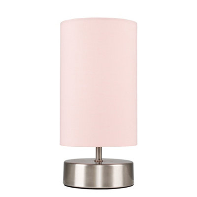 ValueLights Satin Touch Dimmer Bedside Table Lamp With Pink Cylinder Light Shade