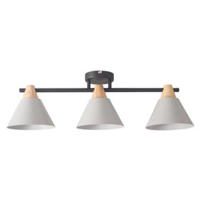ValueLights Scandi 3 Way Black & Wood Ceiling Light Fitting with Grey Cone Shades - LED Golfball Bulbs 3000K Warm White