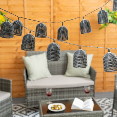 ValueLights Set of 10 Black Rattan Lobster Pot Lantern Outdoor Garden Solar String Lights
