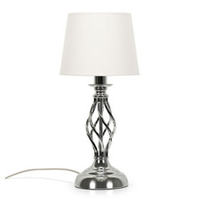 ValueLights Silver Chrome Twist Table Lamp with a Fabric Lampshade Bedroom Bedside Light - Bulb Included