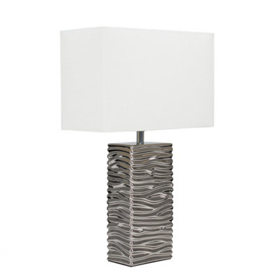 ValueLights Silver Modern Ripple Effect Ceramic Table Lamp With White Light Shade