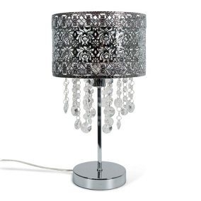 ValueLights Silver Moroccan Style Bedside Table Lamp with Acrylic Jewel Droplet Drum Lampshade - Bulb Included