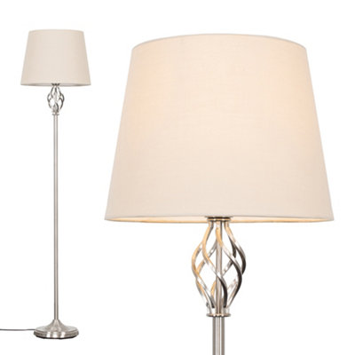 ValueLights Silver Satin Barley Twist Floor Lamp With Beige Light Shade