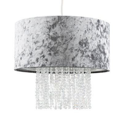 ValueLights Silver Velvet Cylinder Ceiling Pendant Light Shade With Clear Acrylic Droplets