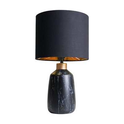 ValueLights Silvio Modern Copper Caped Black Marble Effect Table Lamp with Black Gold Drum Shade