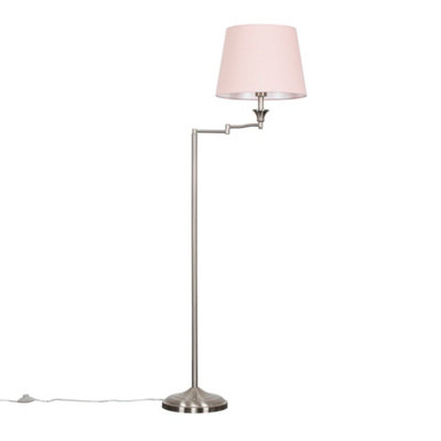 ValueLights Sinatra Adjustable Swing Arm Floor Lamp In Brushed Chrome Finish with Pink Light Shade