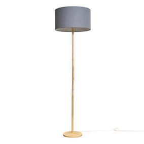ValueLights Single Stem Natural Light Wood Floor Lamp With Dark Grey Drum Shade