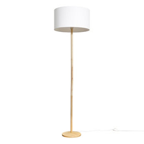 ValueLights Single Stem Natural Light Wood Floor Lamp With White Drum Shade