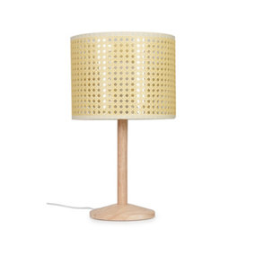 ValueLights Single Stem Natural Light Wood Table Lamp With Cream Woven Rattan Wicker Shade