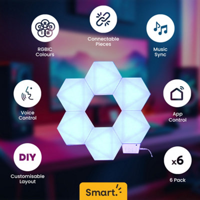 ValueLights Smart RGBIC Hexagon Kit, DIY Customizable Shape LED Colour Changing Wall Panel Lights with App Control, Set of 6