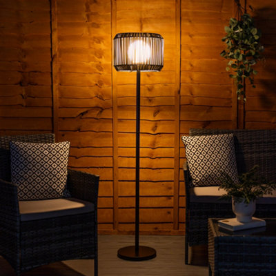 ValueLights Solar Powered Outdoor Grey Rattan Garden Floor Lamp with Drum Shade