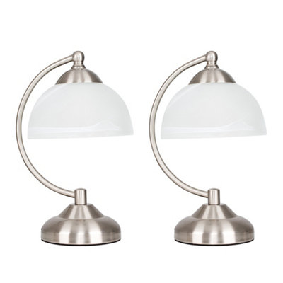 ValueLights Stamford Pair of Curved Brushed Chrome and Frosted Glass Bedside Table Lamps