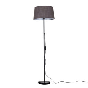 ValueLights Standard Floor Lamp In Black Metal Finish With Faux Linen Dark Grey Tapered Shade With 6w LED GLS Bulb In Warm White