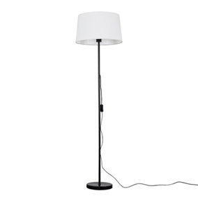 ValueLights Standard Floor Lamp In Black Metal Finish With Faux Linen White Tapered Shade With 6w LED GLS Bulb In Warm White