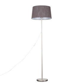 ValueLights Standard Floor Lamp In Brushed Chrome Metal Finish With Dark Grey Faux Linen Shade With LED GLS Bulb in Warm White