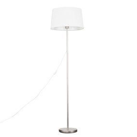 ValueLights Standard Floor Lamp In Brushed Chrome Metal Finish With White Faux Linen Tapered Shade With LED GLS Bulb in Warm White