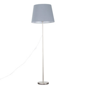 ValueLights Standard Floor Lamp In Chrome Metal Finish with an Extra Large Grey Tapered Shade With LED GLS Bulb in Warm White