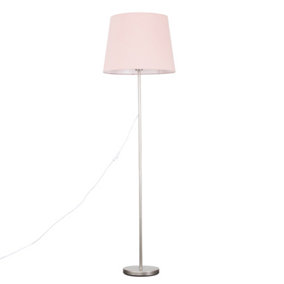 ValueLights Standard Floor Lamp In Chrome Metal Finish with an Extra Large Pink Tapered Shade With LED GLS Bulb in Warm White
