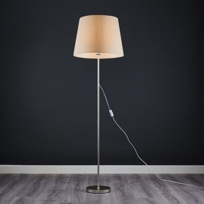 ValueLights Standard Floor Lamp In Chrome Metal Finish Withn Extra Large Beige Tapered Shade With LED GLS Bulb in Warm White