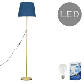 ValueLights Standard Floor Lamp In Gold Metal Finish With Navy Blue Tapered Shade - Complete With 6w LED GLS Bulb In Warm White