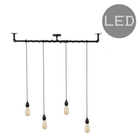 ValueLights Steampunk Satin Black 4 Way Pipework Bar Wrap Over Ceiling Light - LED Filament Amber Tinted Bulbs In Warm White