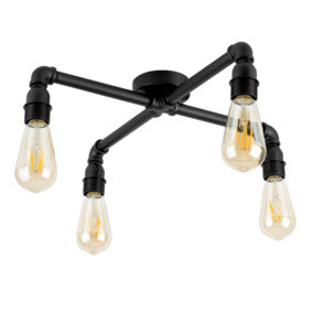 ValueLights Steampunk Satin Black 4 Way Pipework Over Table Ceiling Light - LED Amber Tinted Squirrel Cage Bulbs 3000K Warm White