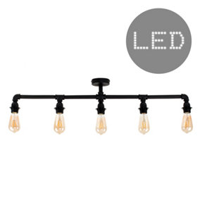 ValueLights Steampunk Style 5 Way Satin Black Pipework Bar Ceiling Light - Complete with 4w LED Filament Bulbs 2700K Warm White