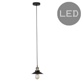 ValueLights Steampunk Style Black and Antique Brass Ceiling Light Pendant With Tapered Shade - LED Filament Bulb In Warm White