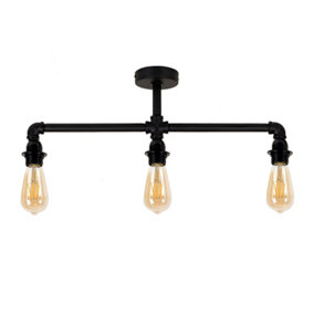 ValueLights Steampunk Style Satin Black 3 Way Bar Pipework Ceiling Light Fitting - LED Filament Amber Tinted Bulbs In Warm White
