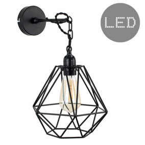 ValueLights Steampunk Style Satin Black Wall/Ceiling Light Fitting With Black Metal Cage Shade And 4w LED Bulb In Warm White