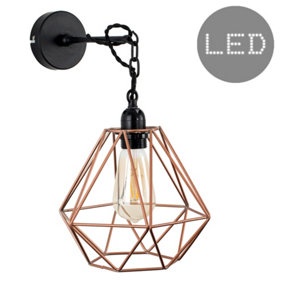 ValueLights Steampunk Style Satin Black Wall/Ceiling Light Fitting With Copper Metal Cage Shade And 4w LED Bulb In Warm White