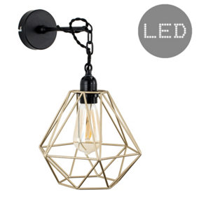 ValueLights Steampunk Style Satin Black Wall/Ceiling Light Fitting With Gold Metal Cage Shade And 4w LED Bulb In Warm White